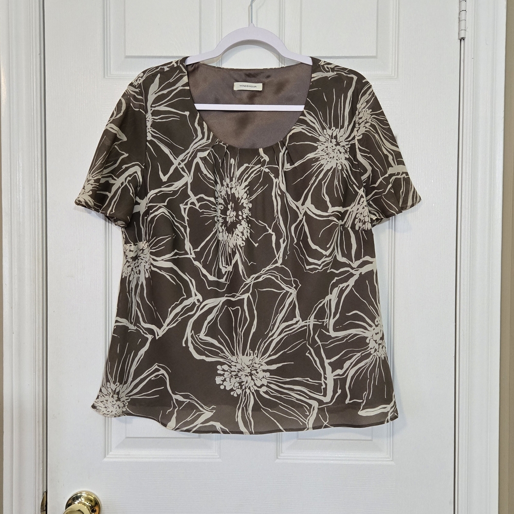 Windsmoor Lined Women's Floral Top ~ Light Brown and Cream ~ Size 16 ~ EUC ~